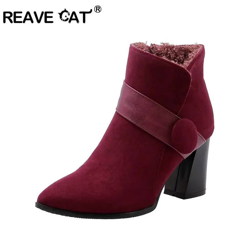 

REAVE CAT Block high heels ankle boots warm fur snow boots comfortable Shoes big size 34- 48 Botas feminino