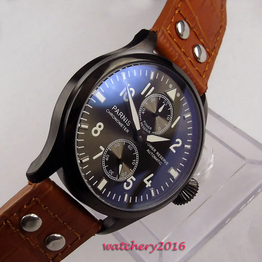 

47mm parnis black dial PVD Chronograph Newest Hot Top Brand Power reserve Rivets Leather Strap Automatic Mechanical men's Watch