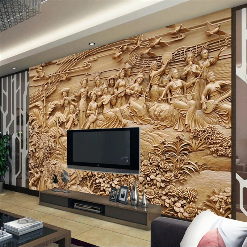 beibehang Custom Photo Mural Wall Sticker Large Wood Carving National Style Mural TV Background