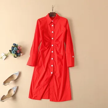 

High Quality New 2019 Autumn Casual Work Dress Women Turn-down Collar White Buttons Full Sleeve Long Shirt Dress Orange Black