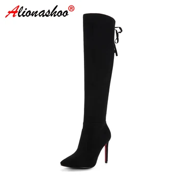 

Women Knee High Boots Zipper Winter Shoes Thin High Heel Pointed Toe All Match Women Boots Black Red Large Size 34-43 Drop Ship