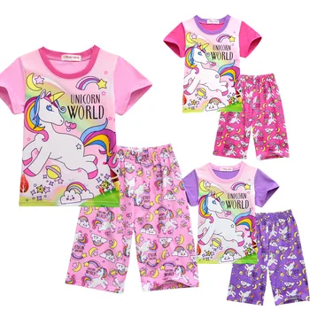 

Kids Pajamas Girls Unicorn Pajamas Summer Children's Nightwear Unicorn Dress Short Sleeve Shorts Pajamas Set Home Two-piece Suit