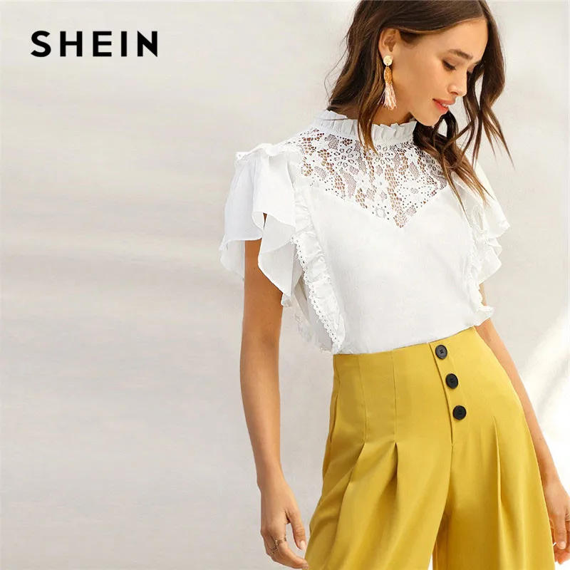 SHEIN Топ С Оборкой И Кружевом Летняя Блузка Кружевной Вставкой Коротким Рукавом| |
