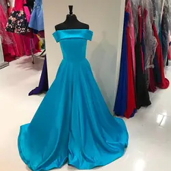 Простое светло-голубое атласное вечернее платье с открытыми плечами лодочка шеи Линия длинное вечернее платье для выпускного вечера 2019