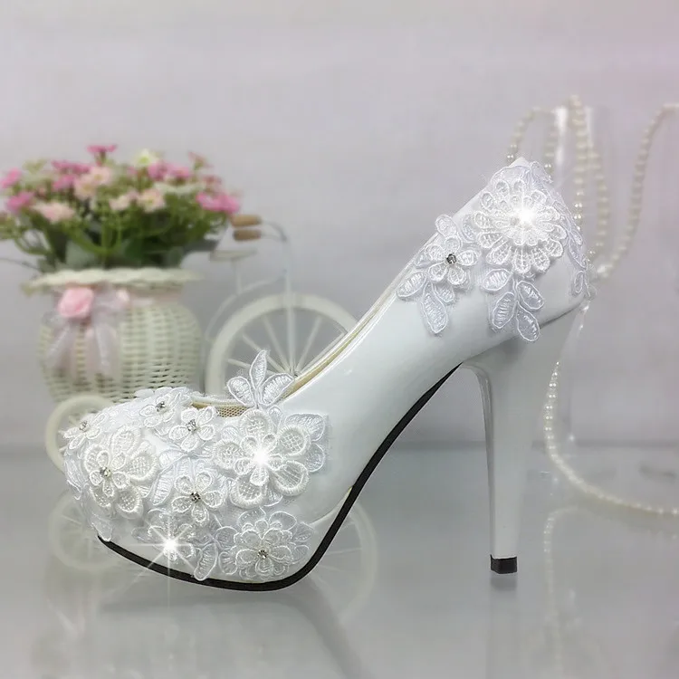 

White Lace Flower Wedding Shoes Princess ultra high Heels platform shallow mouth Shoes Women's bride bridesmaid 11cm high