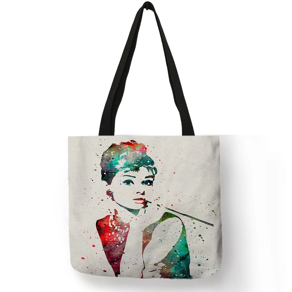 Unique Customize Tote for Women Eco Linen Shopper Bag with Audrey Hepburn Print Reusable Shopping Bags Ladies Fashion Handbag