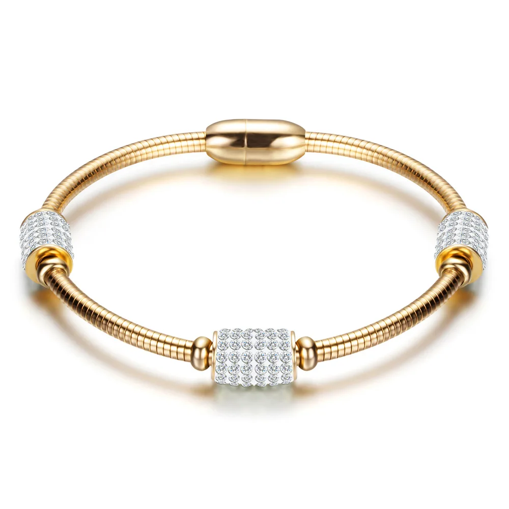 

New Magnet Buckle Cuff Bracelet Cz Rhinestone Snake Bone Chain Fashion Bangles Beaded Bohemian Style Jewelry For Women 3 Colors