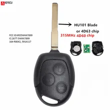 Transmissor remoto do fob da chave do carro da microplaqueta da substituição 315 mhz 4d60/4d63 de keyecu para a lâmina hu101 uncut do fiesta 2011-2016 kr55wk47899 de ford