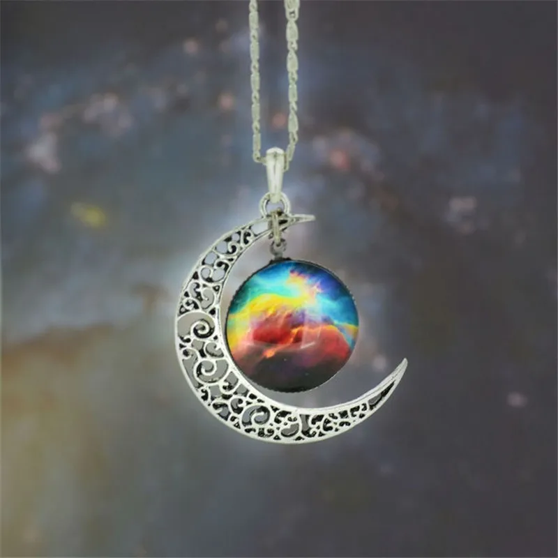 

Fashion Jewelry Necklace Femininos Glass Galaxy Moon Pendant Necklace Vintage Silver Crescent Moon Necklace Women Wholesale