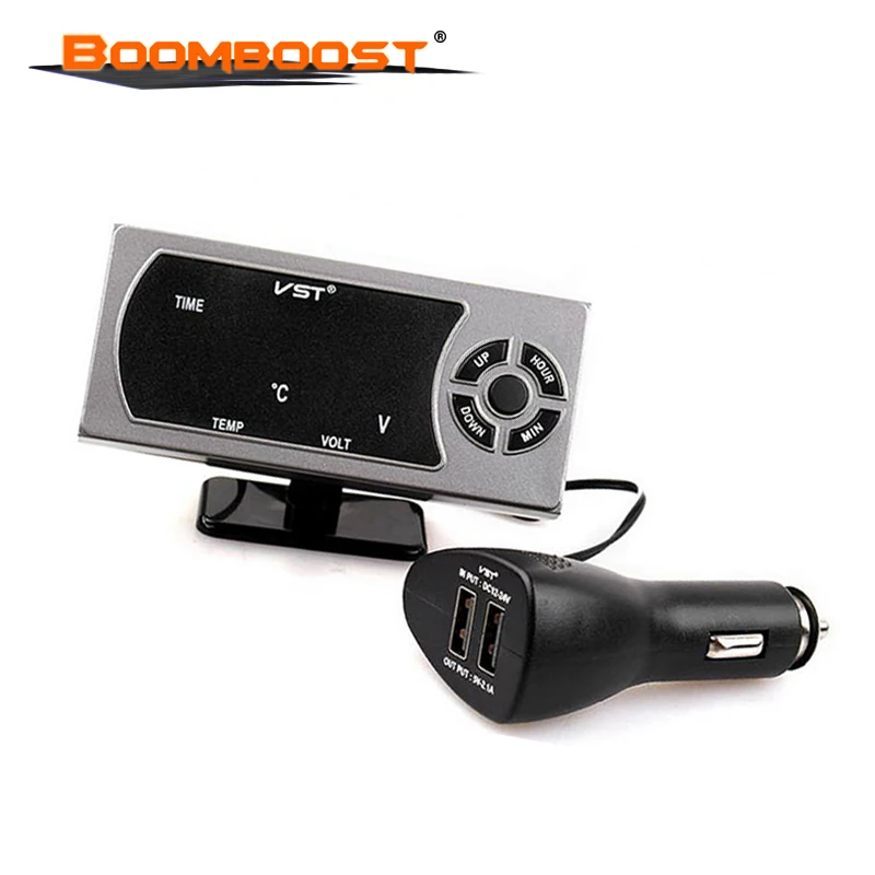 2.1A dual USB car charger clock voltmeter thermometer temperature LED
