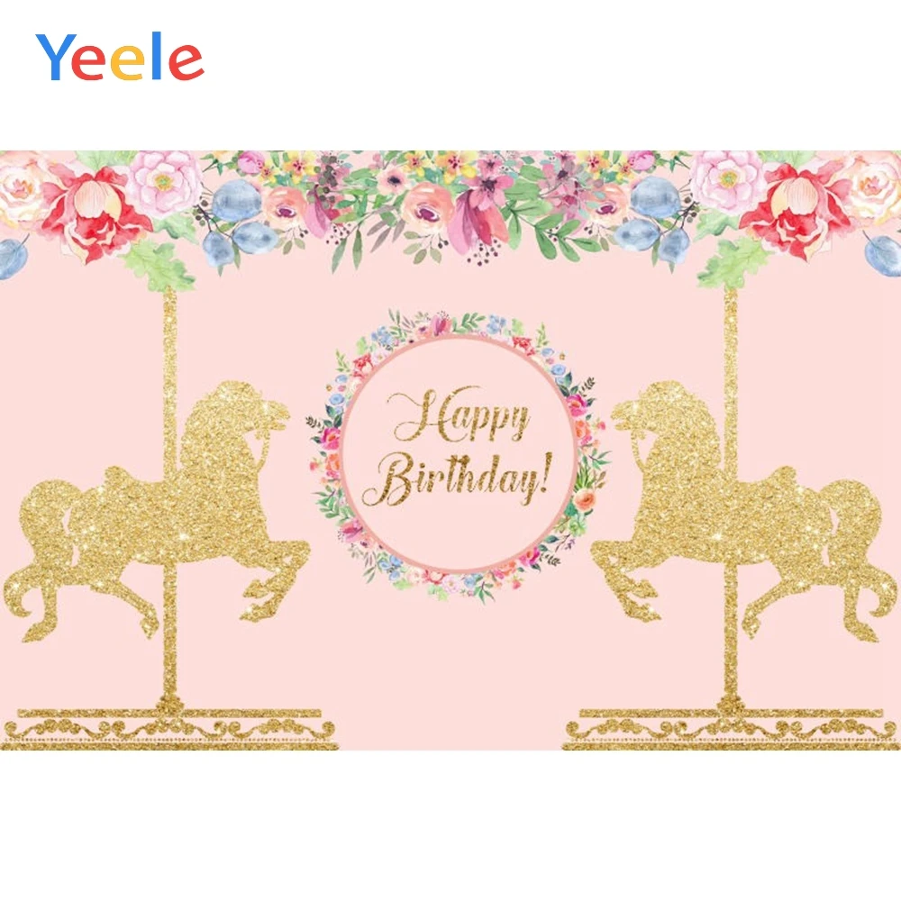 

Yeele Golden Horse Flowers Children Birthday Party Pink Photography Backdrop Customized Photographic Background For Photo Studio