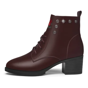 

High quality Solid color round ankle boots with thick heel boots walking lace-up fashion comfortable pointed toe