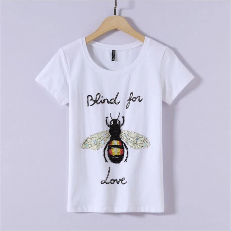 

fashion summer tshirts high quality short-sleved T-shirt women handmade beaded Bee Blind for love sequins Slim women's t-shirts
