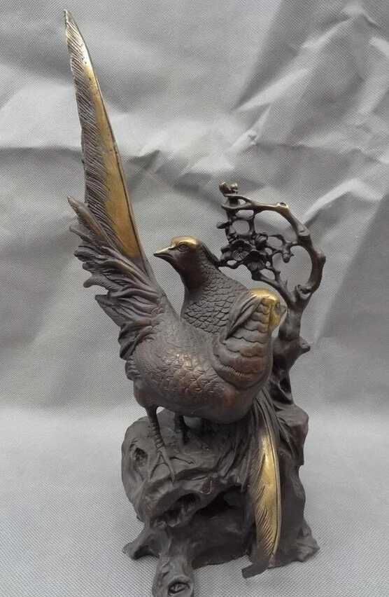 

song voge gem S3493 12" China Chinese Bronze Gilt Decoration Folk 2 Love Fly Bird Pied Magpie Statue