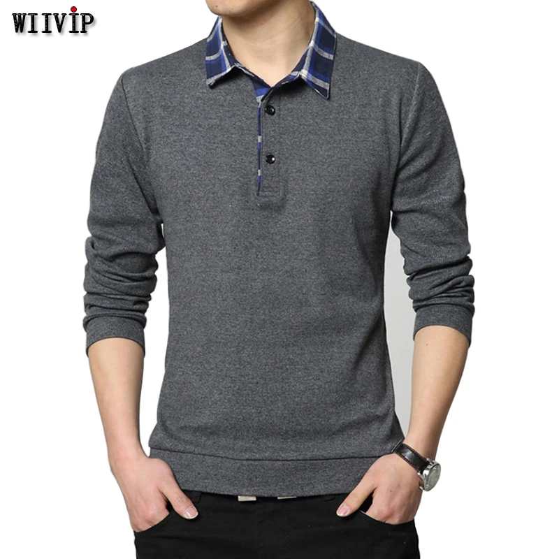 New Winter T Shirt Men Thick T-shirt Plaid Collar Long Sleeve Men ...