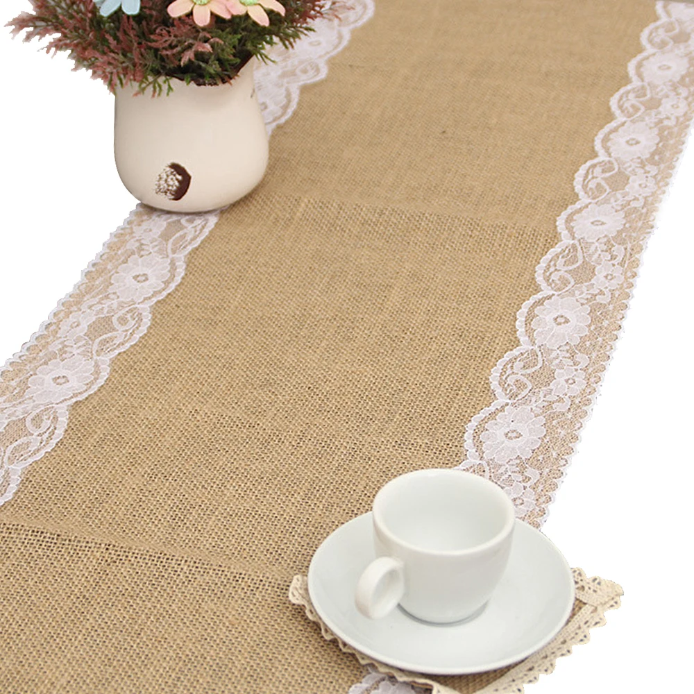 Elegant Jute Table Runner Burlap Lace Table Cloth Wedding Party home