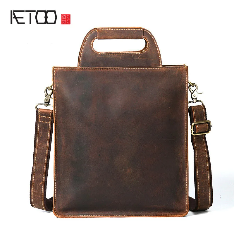 

BJYL Crazy horse leather men bag vertical handbag leather handbags retro file bag head layer of leather shoulder bag