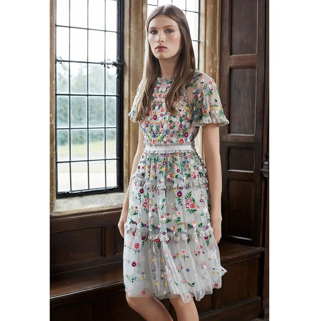 White Crochet Lace Green Leaves Spring Fl Embroidery Dress White Crochet Lace Green Leaves Spring Fl Embroidery Dress Ruffle Collar Short Sleeve A Line Knee