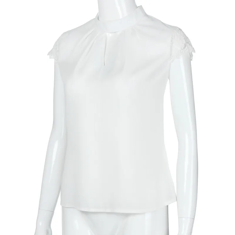 hanyiren Women Casual Chiffon Short Sleeve Splice Lace Crop 2018 Spring Lady New Sexy Lace Patchwork Chiffon Solid Stand Blouse Blouses