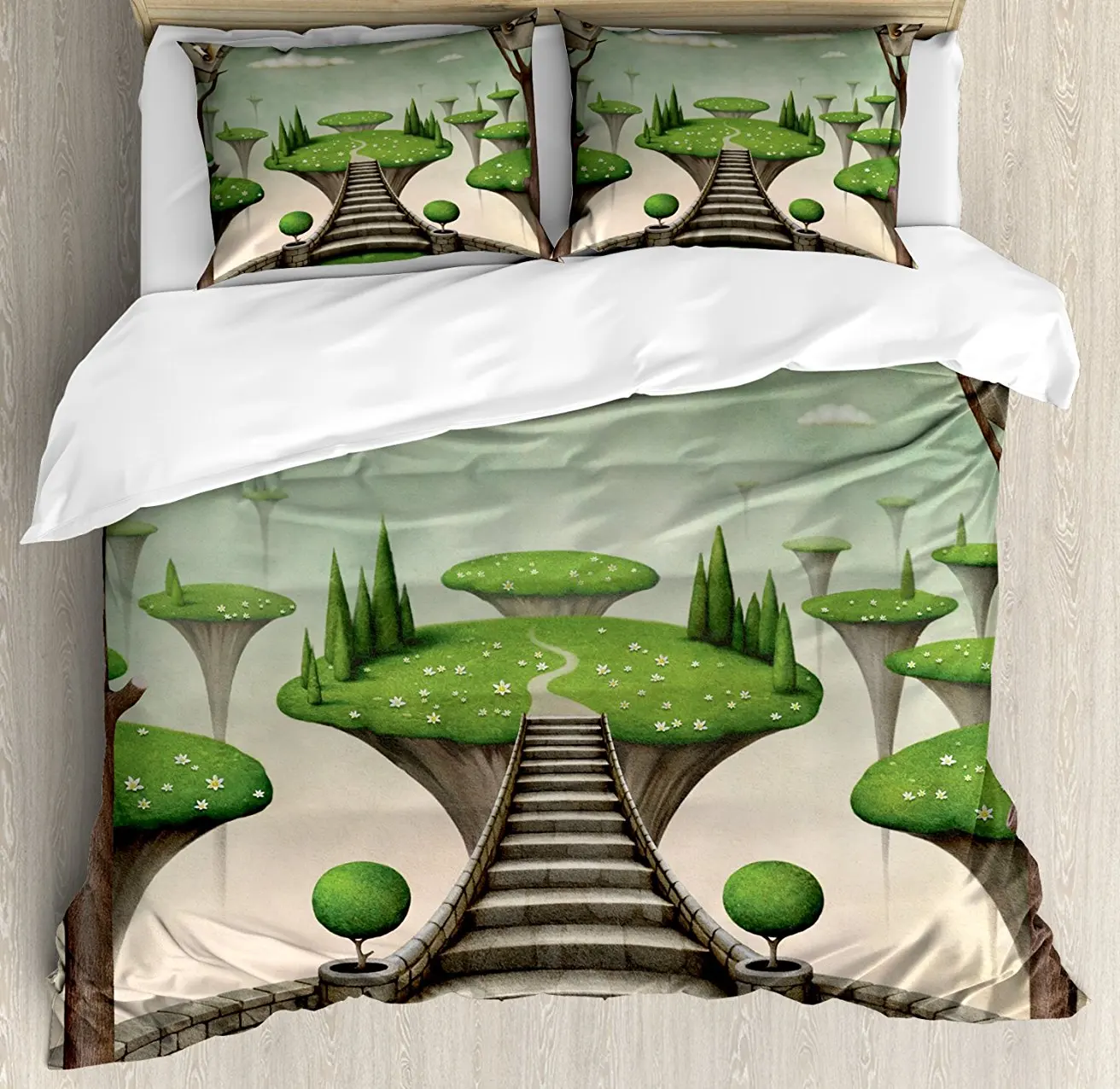 

Fantasy Duvet Cover Set Fairytale Landscape View with Hanging Islands and a Pond with Lilies, Decorative 4 Piece Bedding Set