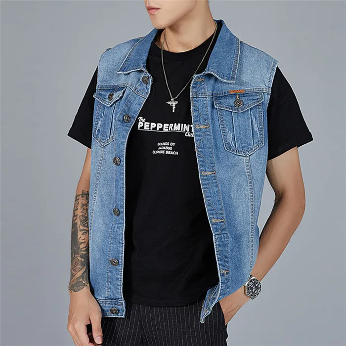 

2019 Cotton Jeans Sleeveless Jacket Men Plus Size M-8XL Blue Black Denim Jeans Vest Men Cowboy Denim Vest Mens Jackets,7030