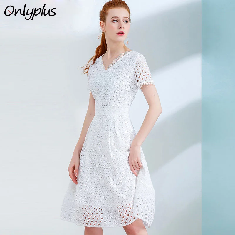 Женское ажурное платье Onlyplus белое кружевное Хлопковое с коротким рукавом