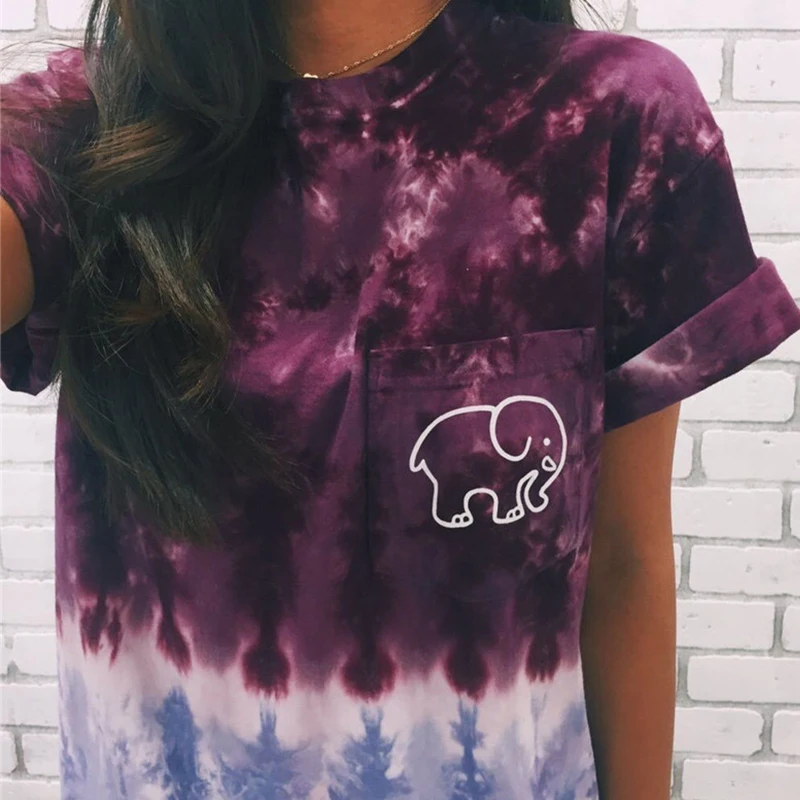 

Casual Elephant Print T-Shirts Women Vogue Pocket Loose Summer Tops Female Vintage Colorful Simple Tees Top For Ladies Plus Size