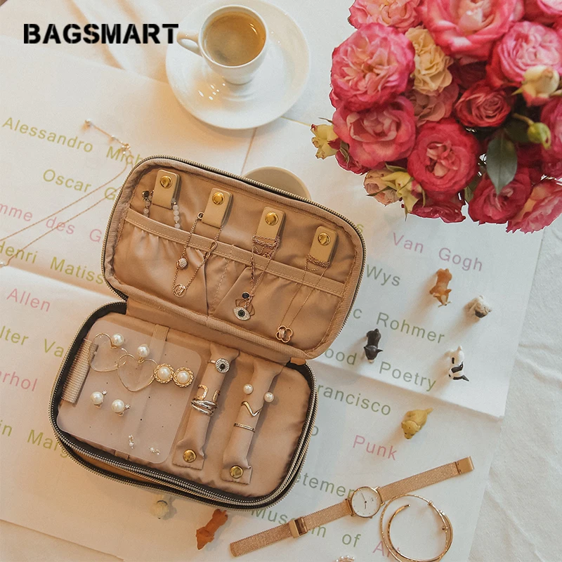 BAGSMART Travel Jewelry Bag Women Double Layer Jewelry Rolls Necklace Holder Earring Ring Pouch Storage Bag Organizer for Women BAGSMART Travel Jewelry Bag Women Double Layer Jewelry Rolls Necklace Holder Earring Ring Pouch Storage Bag Organizer for Women