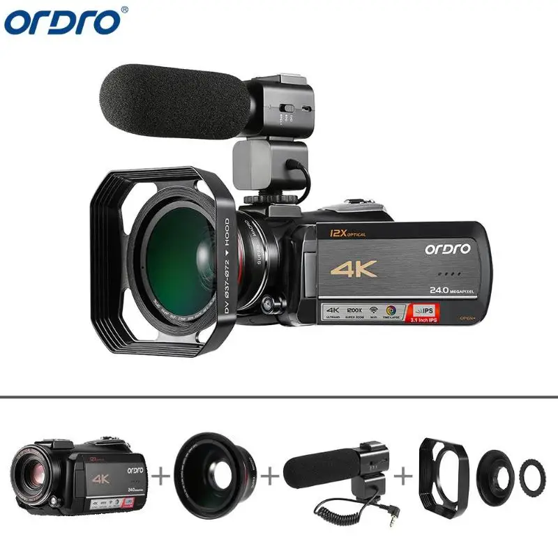 

Ordro AC5 4K UHD 12X Optical Zoom Digital Cameras FHD 24MP WiFi IPS Touch Screen Camcorders+Lens Hood+Wide Angle Lens+Microphone