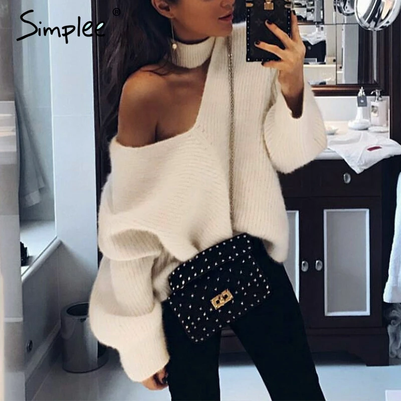 

Simplee Sexy halter cold shoulder knitted sweater women V neck autumn winter casual pullover jumpers sweater pull femme 2018
