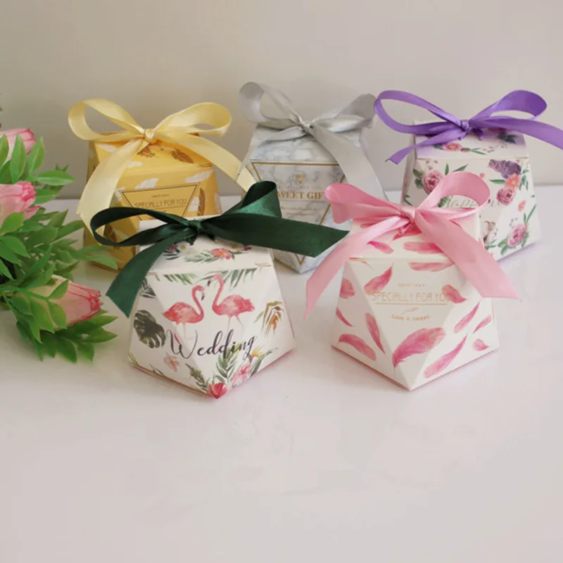 

10pcs Multicolor Wedding Favor Carton Flower Gift Box Sweet Dragee Candy Box Deco Mariage Chocolate Warpping Paper with Ribbon