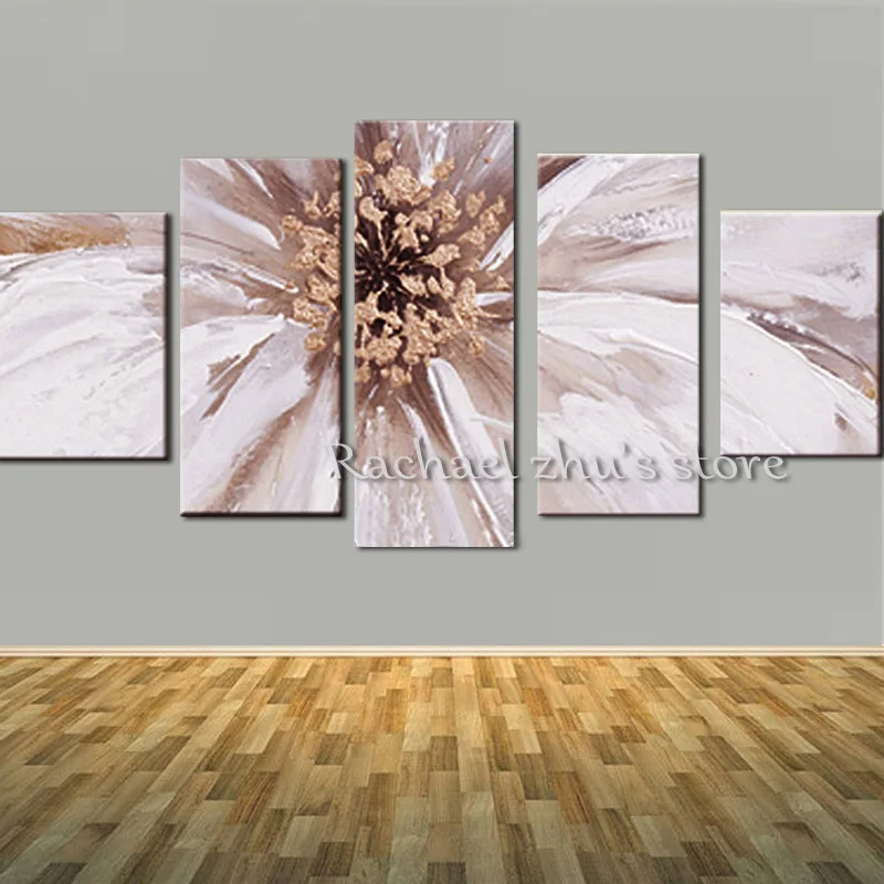 

Hand Painted Abstract Blomming White Flower Oil Painting On Canvas Five Pieces Pink Flower Wall Pictures Living Room Home Decor