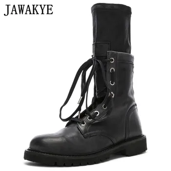 

JAWAKYE New Sexy flat Ankle Boots for Women Genuine leather black lace up boots female Winter short boots Cowboy Knight boot