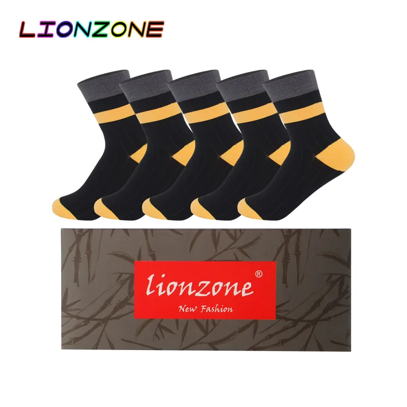 LIONZONE 5 пар/лот мужские Подарочная коробка с носками в Вертикальную Полоску дышащие яркие цветные брендовые бамбуковые носки Regalos Para Hombre - Цвет: color2-box