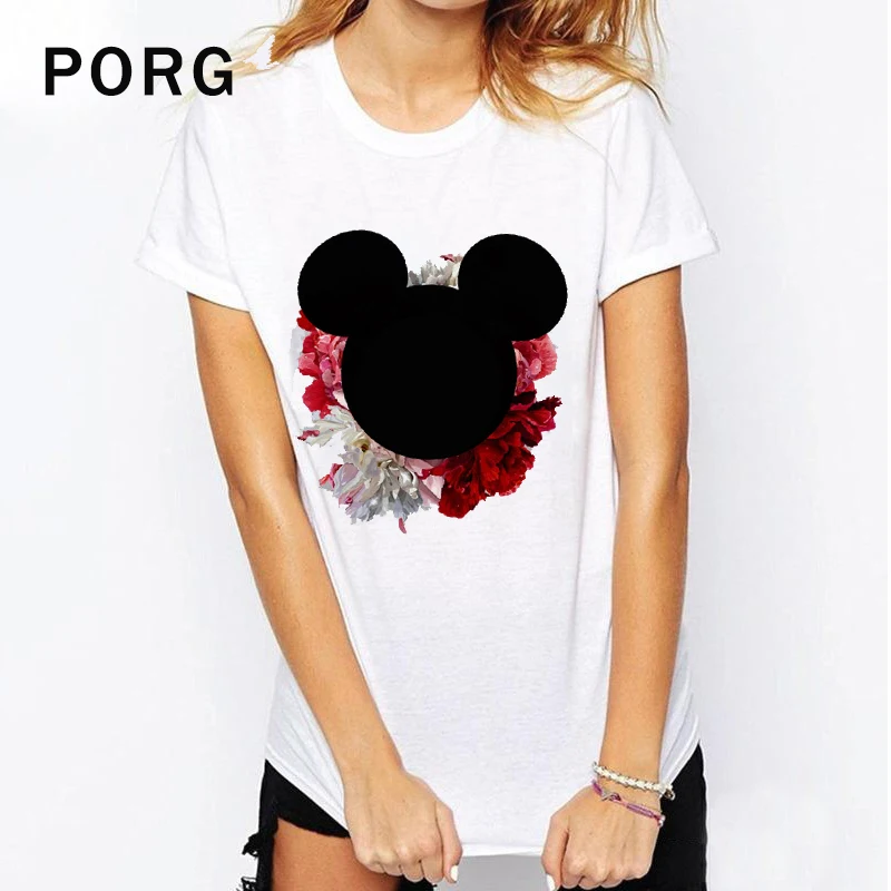 

Flowers Mickey Head funny t shirts porg harajuku camisetas verano mujer 2019 kawaii magliette donna Summer Tshirts Femme tops
