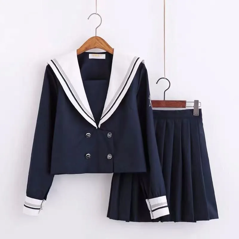 Японская школьная форма с вышивкой Кита для девочек, топ с короткими/длинными рукавами+ короткая/длинная юбка, одежда для студентов в морском стиле