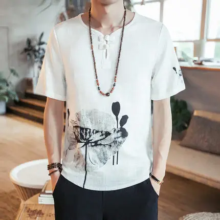 Китайский стиль хлопок и лен Футболка мужская китайские короткими рукавами белье печати рукава рубашка большие размеры Лен футболка лето - Цвет: Style2