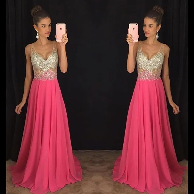 

Sexy Deep V Neck Prom Dresses Long 2019 vestidos de fiesta largos elegantes de gala A Line Chiffon Formal Evening Gowns