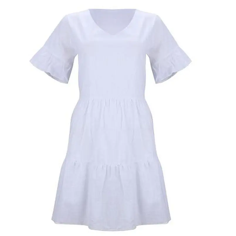 New Womens Summer Fashion Casual Solid V-Neck Short Sleeveless Mini White Dress Casual Holiday Beach Elegant Lady Dress #4R07 (6)
