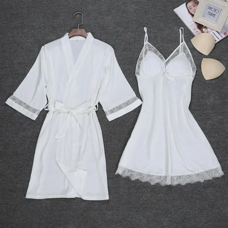 Пикантные женские ночной халат ремень сверху пижамы костюм летний два Piec пижамы наборы Повседневное дома ночная рубашка халат для сна Ванна платье - Цвет: Белый