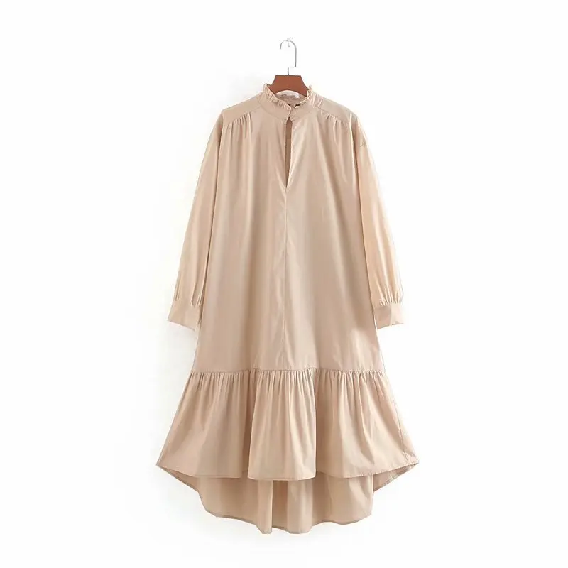

2019 women sweet agaric lace ruffled collar solid color casual loose straight vestidos chic pleated ruffles midi dress DS2649