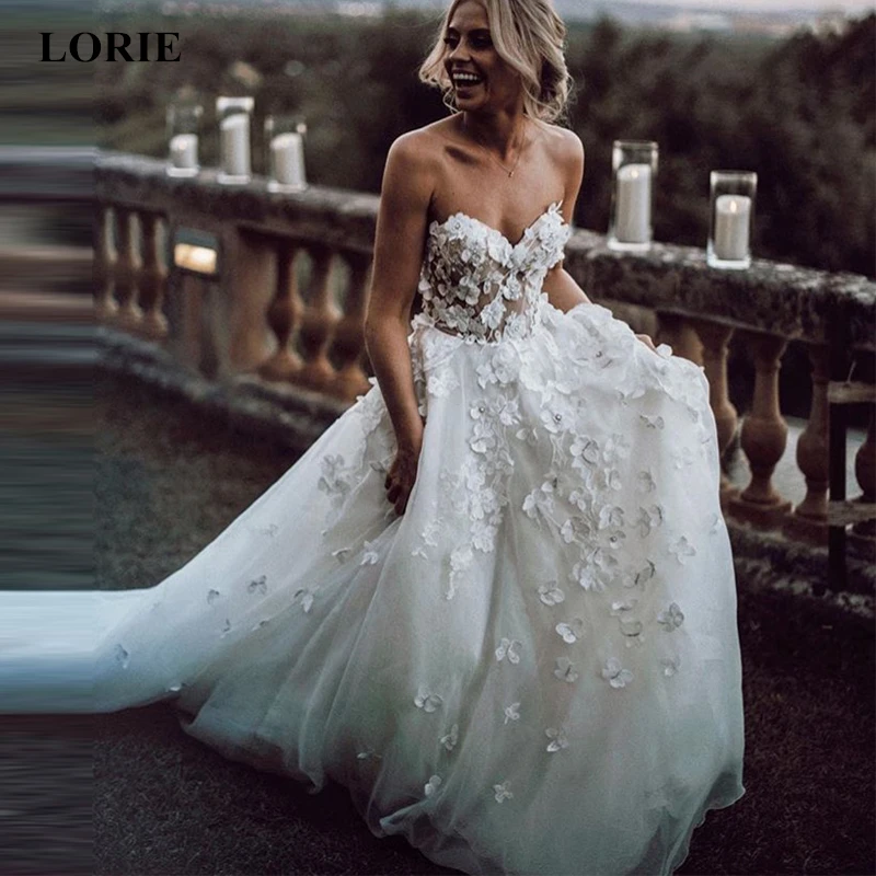 LORIE vestido de novia bohemio con flores 3D, falda de tul escalonada,  línea A, playa, blanco, 2020|Vestidos de novia| - AliExpress