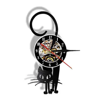 

Black Cat Vinyl Record Wall Clock Modern Kitten Animals Retro Handmade Wall Hanging Clock Watch Home Decor Gift For Cat Lover