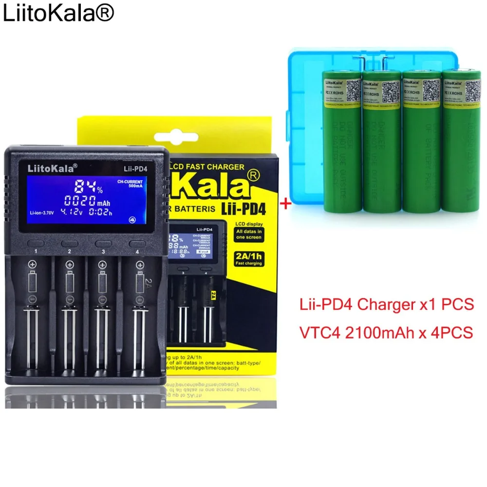 

1pcs New LiitoKala lii-PD4 LCD 3.7V 18650 21700 battery Charger+ 4pcs 3.6V VTC4 2100mAh Rechargeable battery batteries