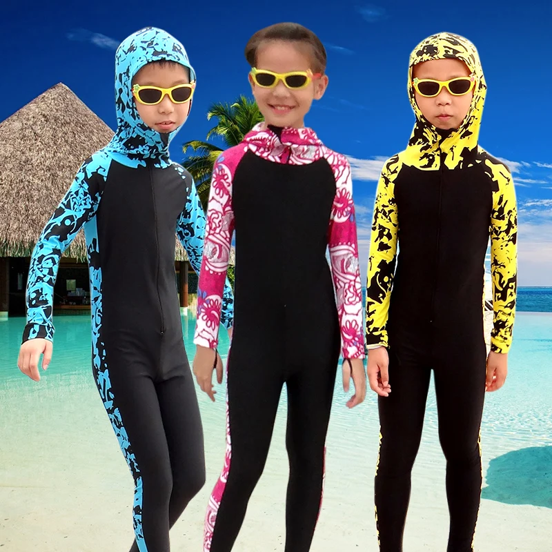 SBART Wetsuit Kids Long Sleeve Hooded Floral Diving Suit Full Body