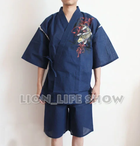 summer Men Japanese Jinbei Kimono Carp Short Sleeve Pants Sleepwear Pajama Homewear