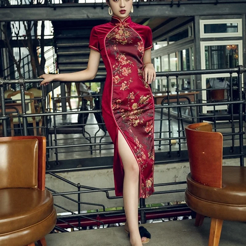 Китайское стильное платье Cheongsam Qipao бархатное лоскутное платье с разрезом миди элегантные китайские платья вино сексуальное восточное платье FF1751