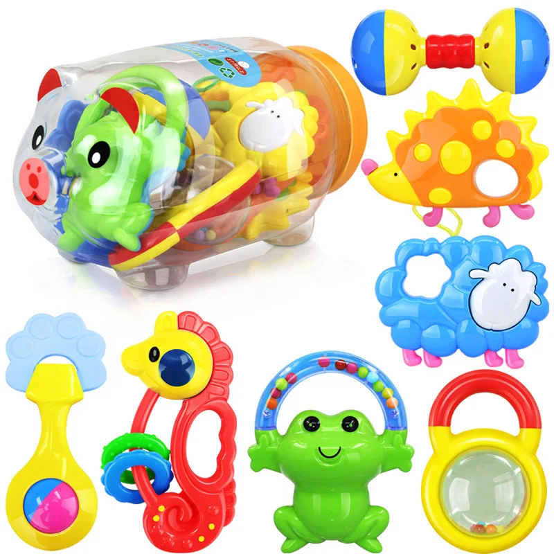 7pcs Set With Piggy Tank Baby Plastic Rattles Bell Teether 0 12 Months Baby Mobile Educational Musical Toys For Newborns Gift Baby Mobile Toys For Newbornsbaby Rattle Set Aliexpress