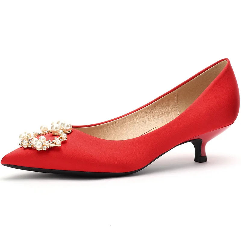 Women Wedding Shoes High Heels Shoes Woman Bride Silk String Bead Thin High Heels Pint Toe Slip On Elegant Crystal Red Pumps - Цвет: red3.5cm