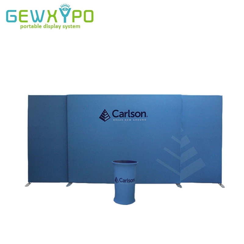 

Custom Size 20ft Exhibition Booth Tension Fabric Square Corners Backwall Stand With Printed Banner And One Portable Oval Table